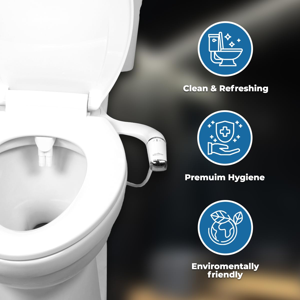 GenieBidet self-cleaning non-electric setup illustrates simple, wiring-free installation.