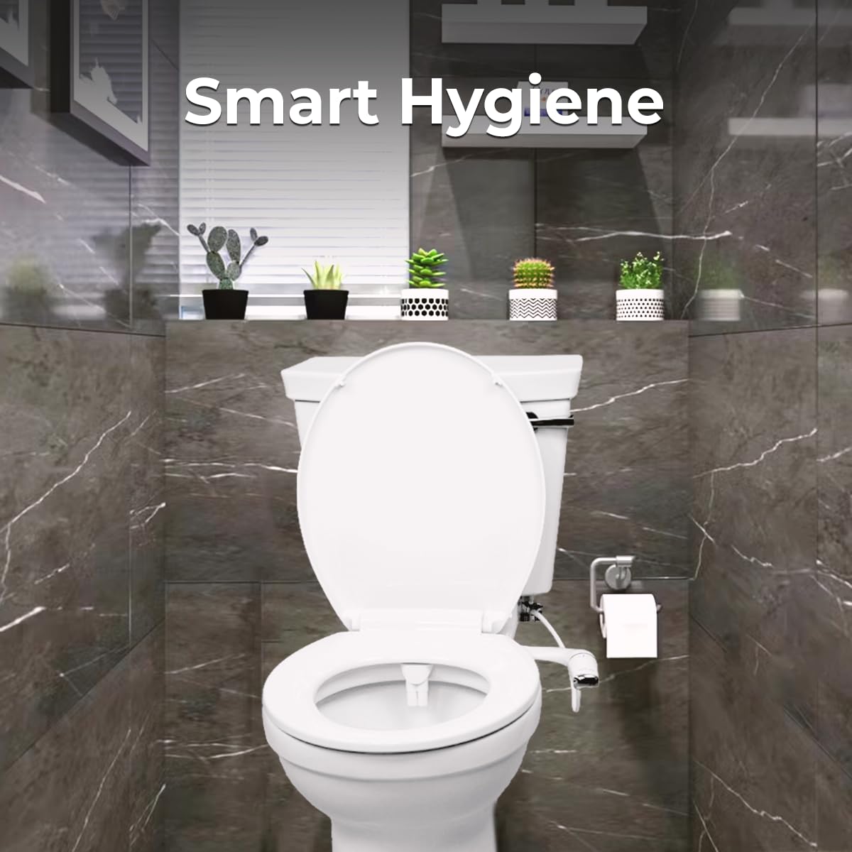 GenieBidet rear and feminine nozzles shown for thorough, comfortable wash.