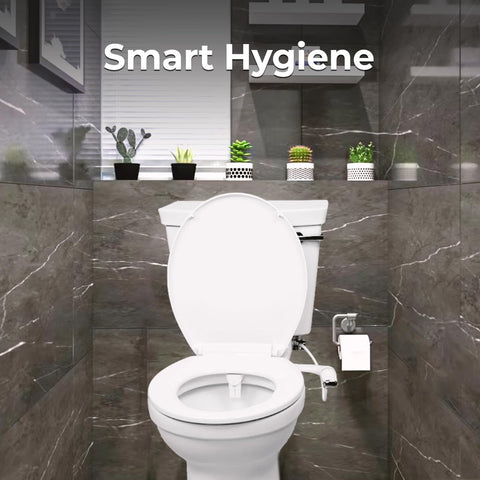 GenieBidet rear and feminine nozzles shown for thorough, comfortable wash.
