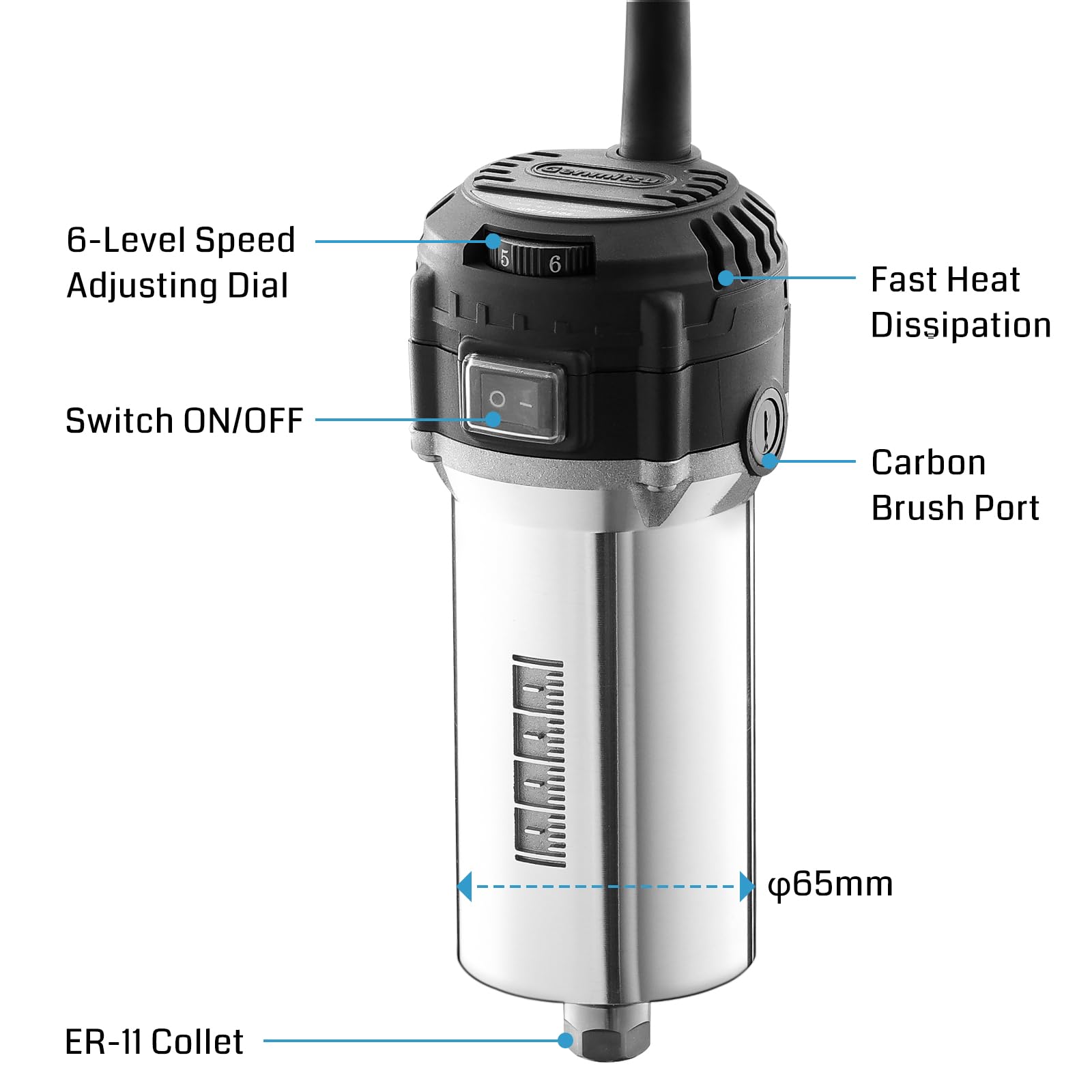 Genmitsu 710W power cord length enables flexible workspace setup.