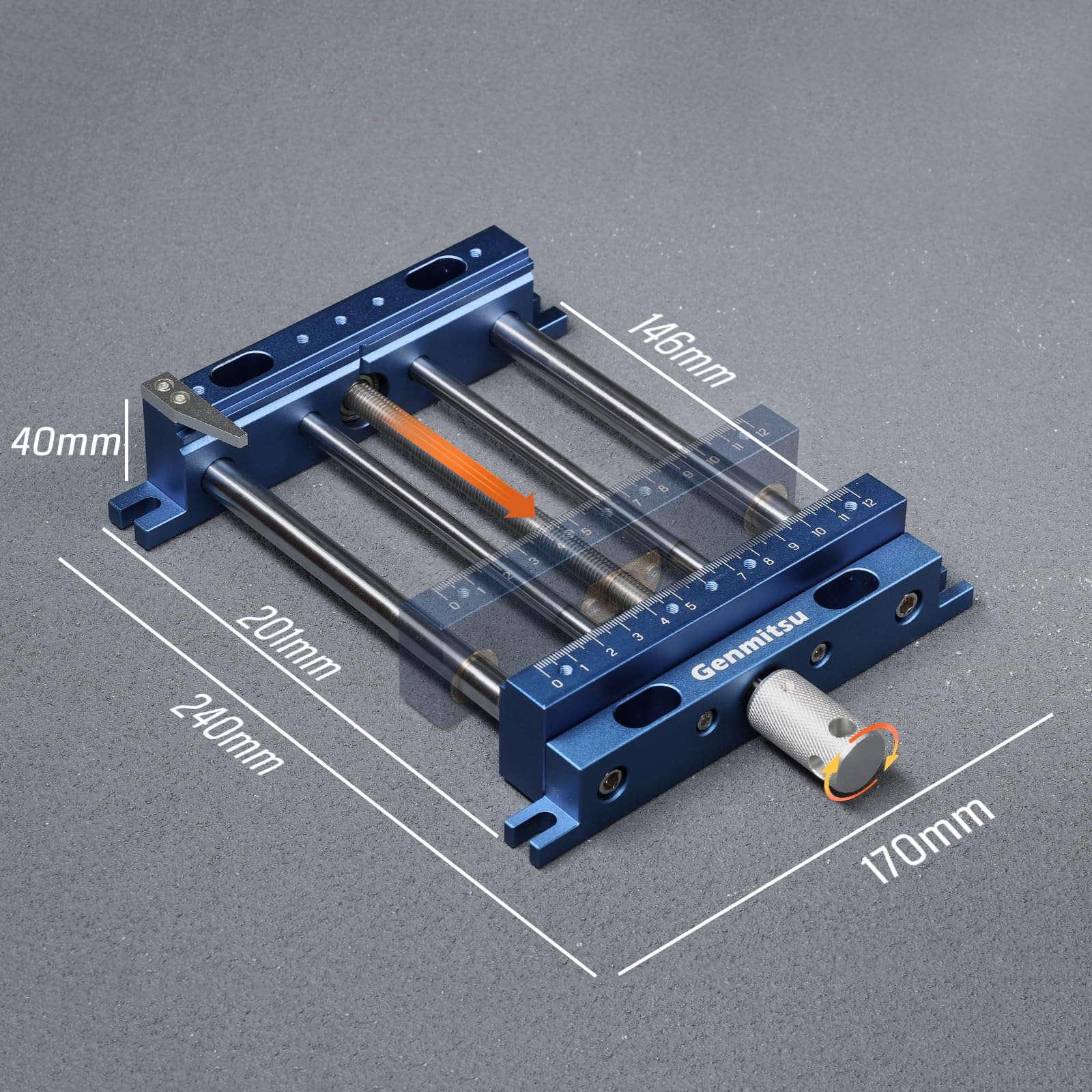 Genmitsu bench vise clamp uses fixed lead screw to simplify placing large items.