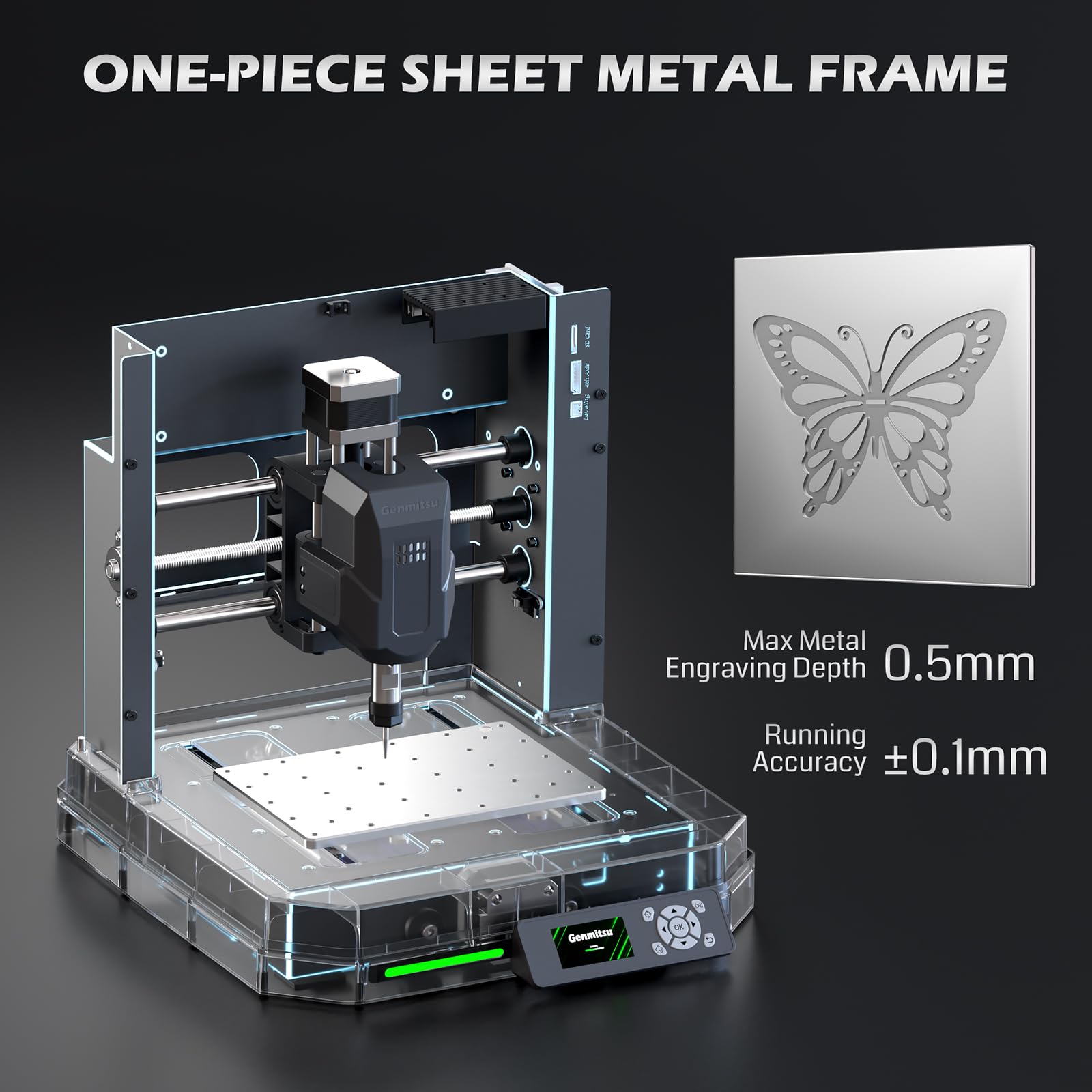 Genmitsu Cubiko enclosure minimizes dust and noise for a cleaner workspace.