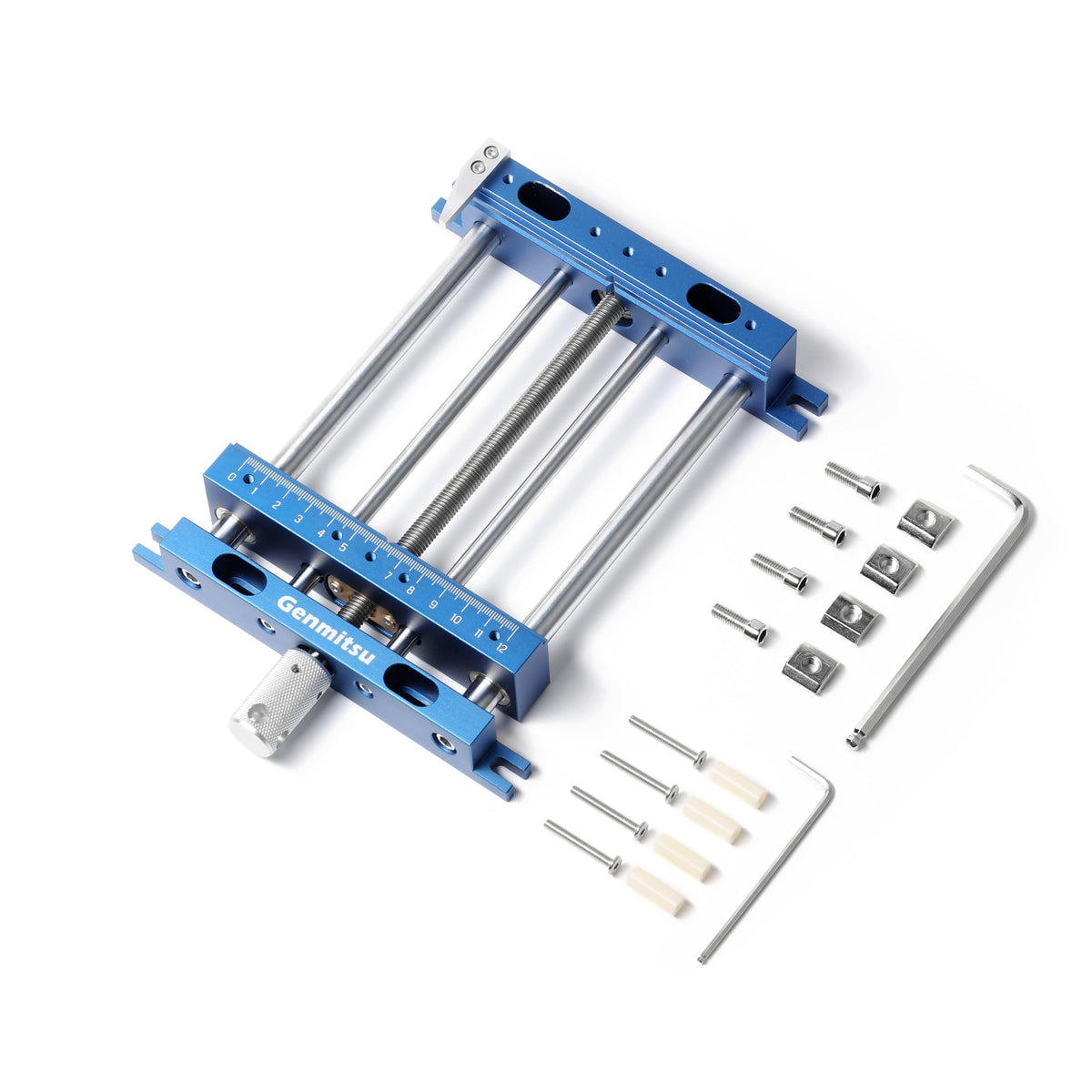 Genmitsu upgrade aluminum bench vise clamp showing stable four-column design for precise holding.