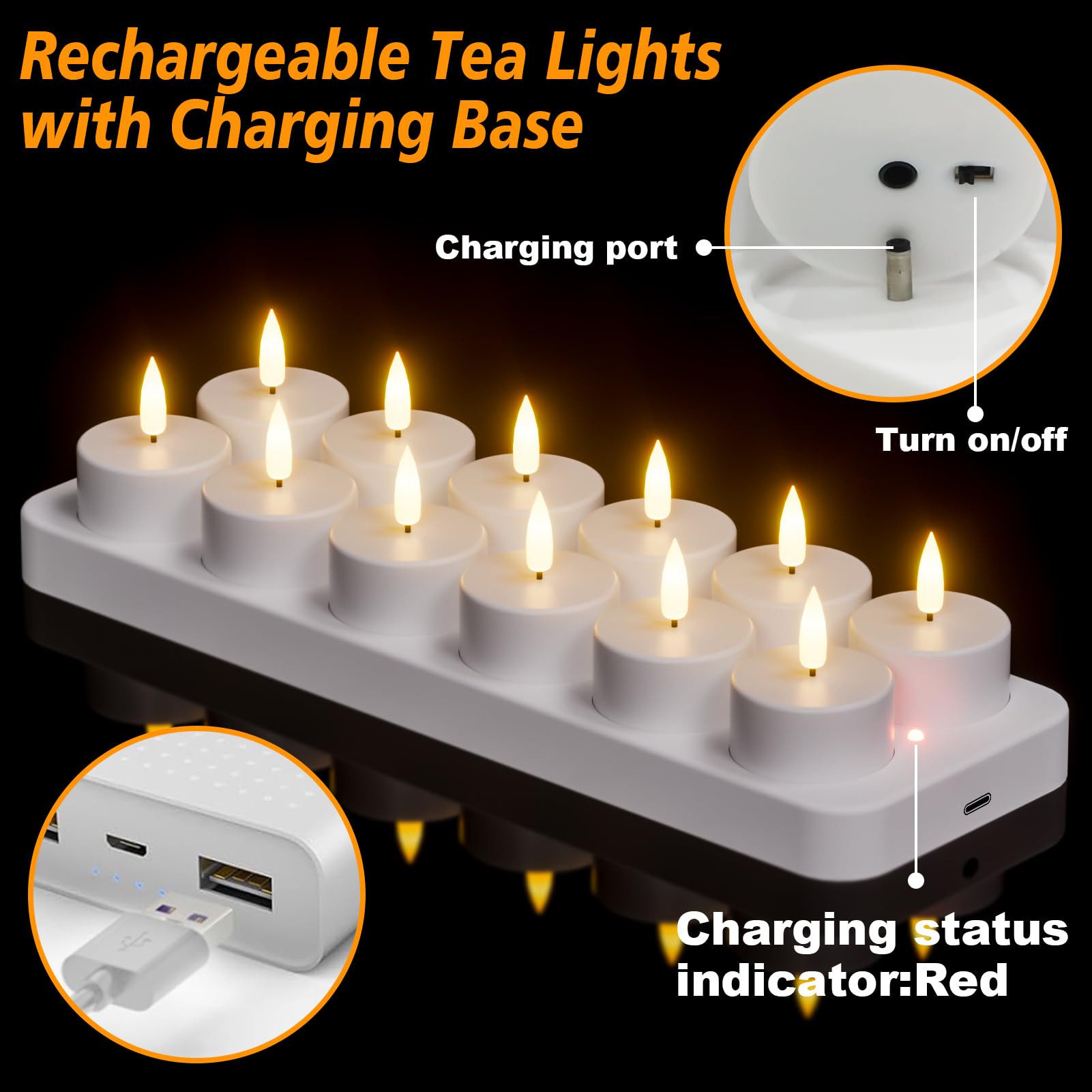 GenSwin charging base and USB cable powering the tea lights