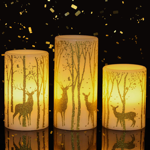 GenSwin flameless 4in pillar candle with deer decal glowing warmly for holidays.