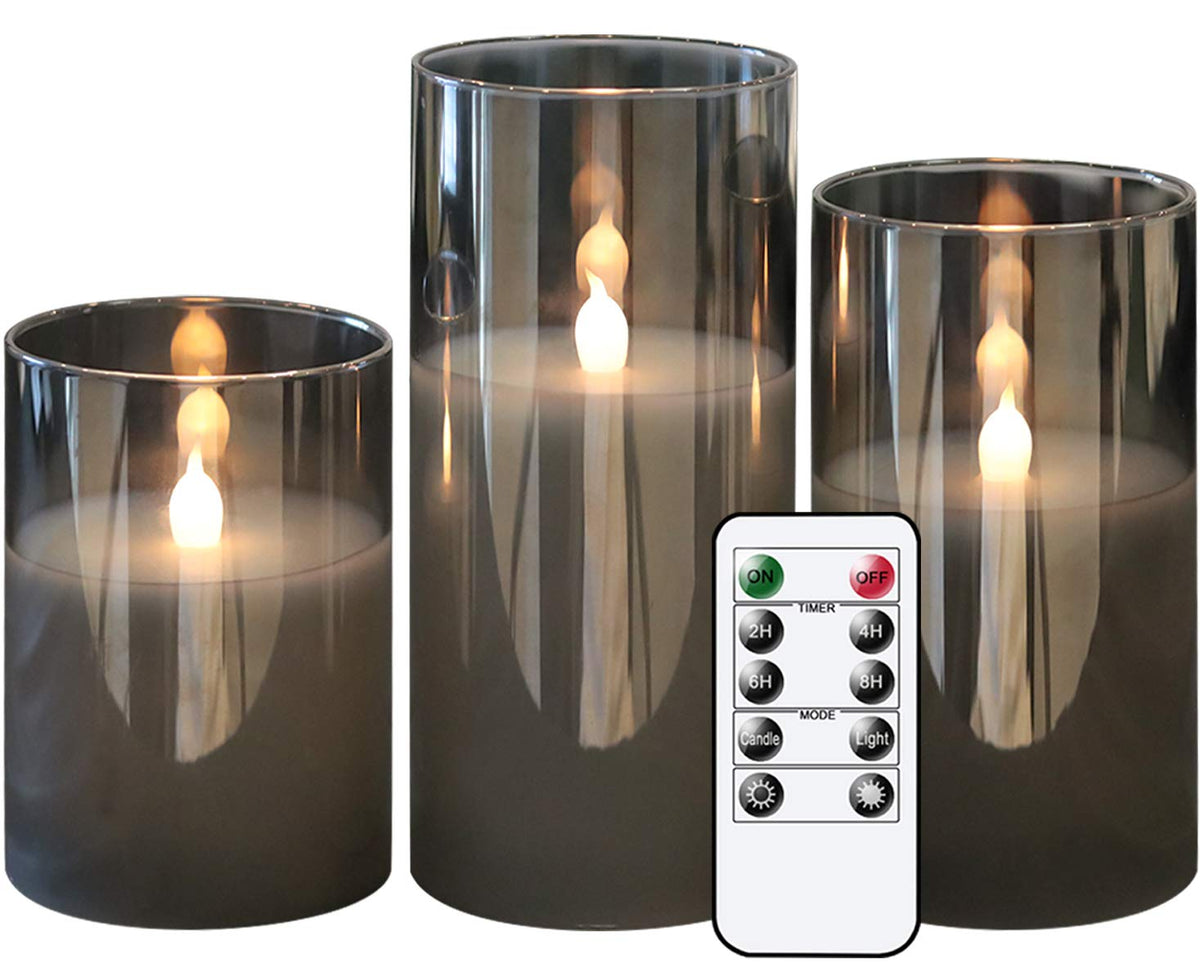 GenSwin gray glass flameless candles D3x4 provide cozy decor and safe ambient lighting.