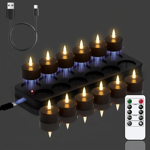 GenSwin tea lights 12-pack on charging base for easy, reusable ambiance