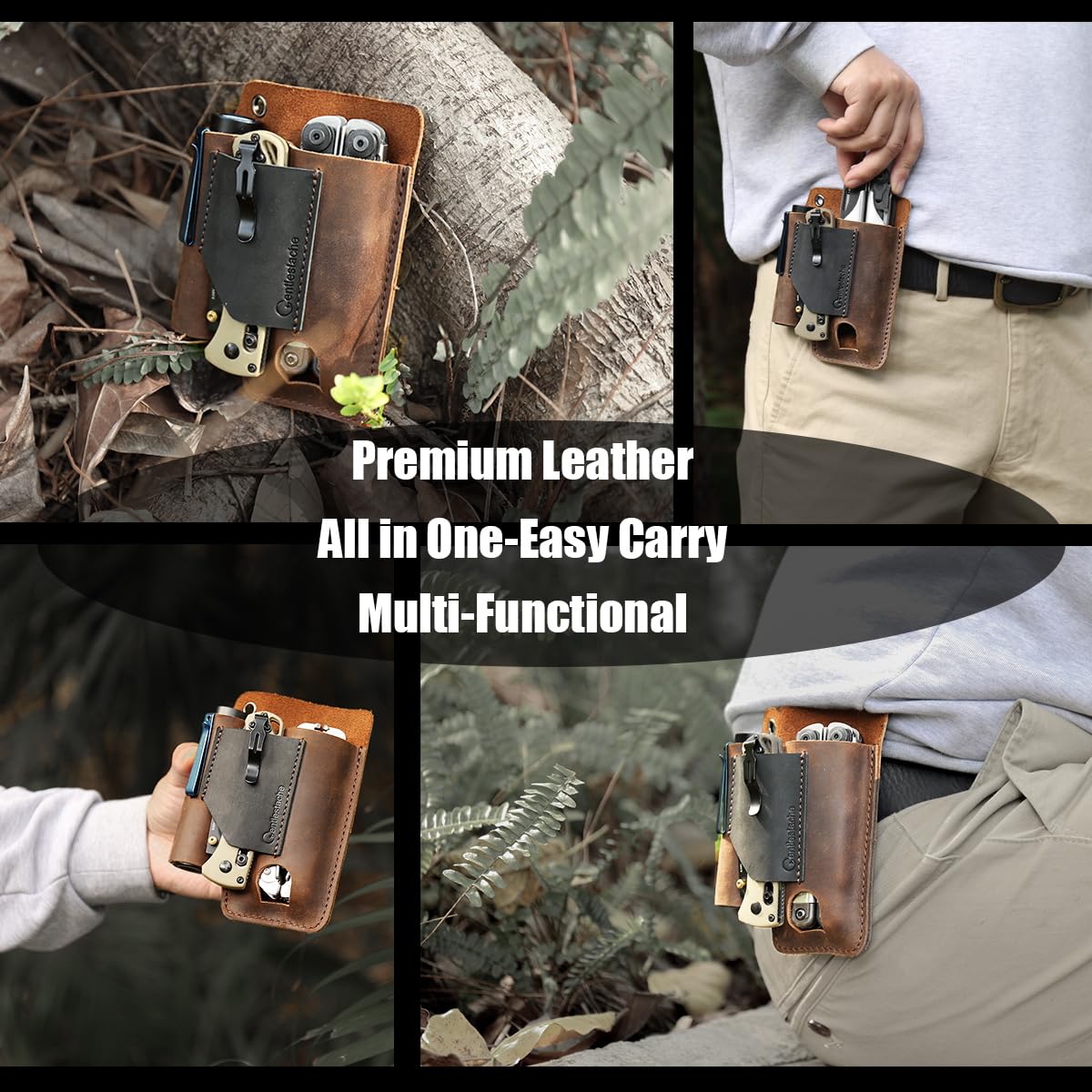Gentlestache leather holder supports knives, pens, and flashlights for daily tasks.