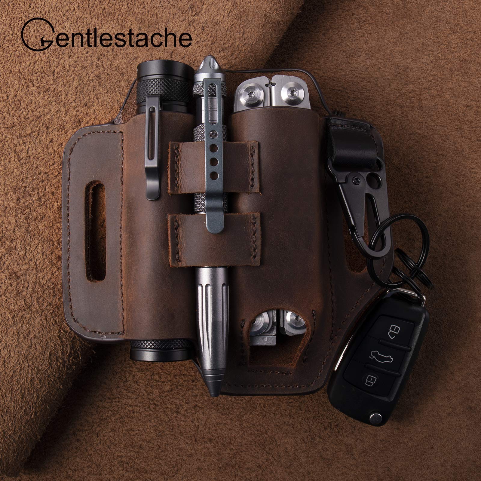 Gentlestache EDC leather pocket showing organized daily carry essentials.