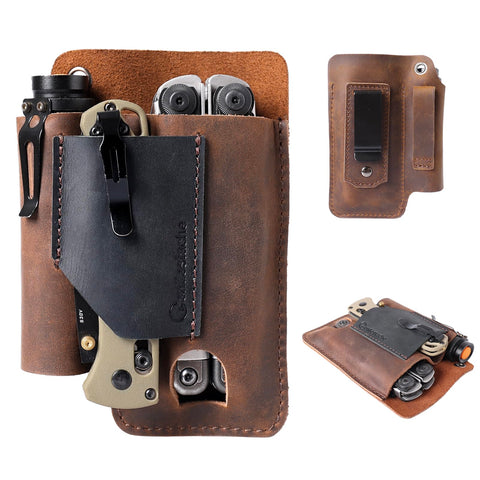 Gentlestache leather multitool sheath closeup shows rich patina and durable stitching.