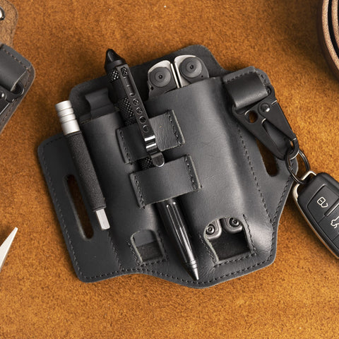Gentlestache multitool leather sheath belt loop detail prevents bunching on belts.