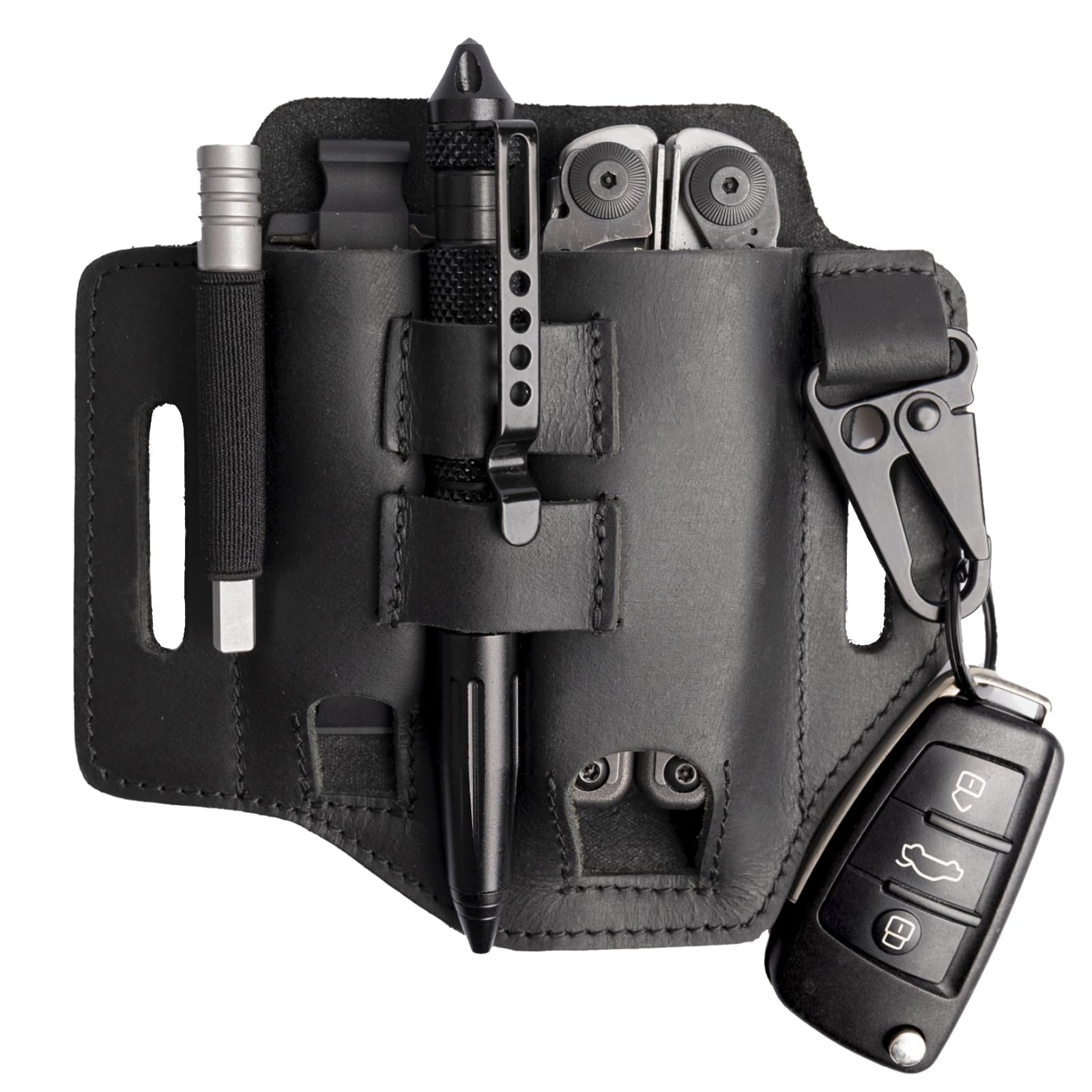 Gentlestache multitool leather sheath front view showing a sleek, durable carry pouch.