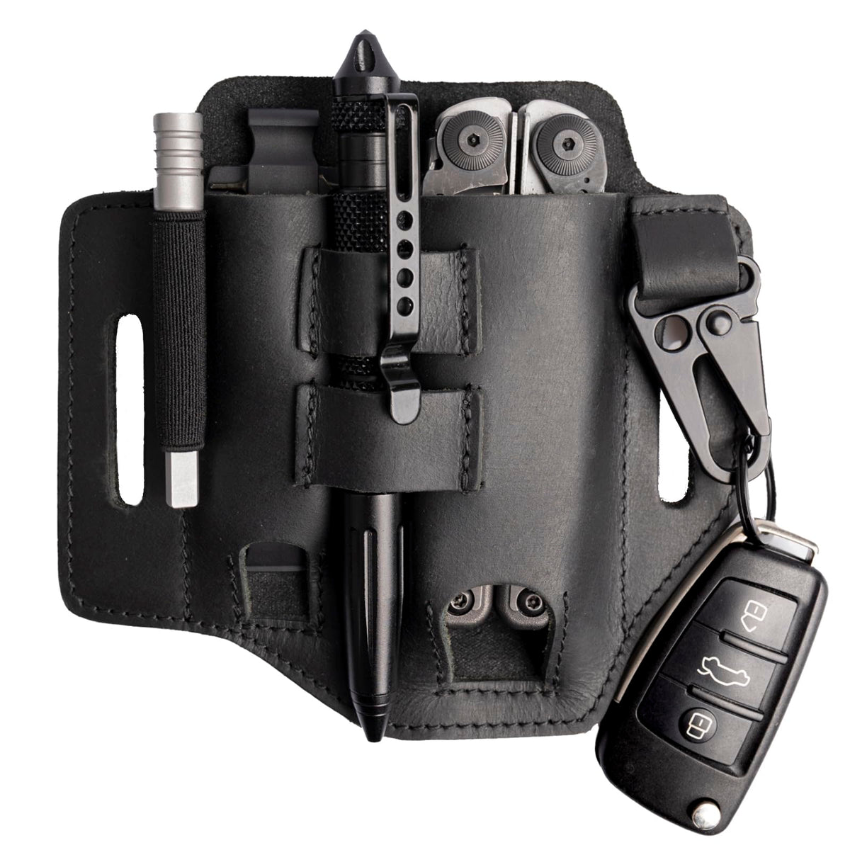 Gentlestache multitool leather sheath front view showing a sleek, durable carry pouch.