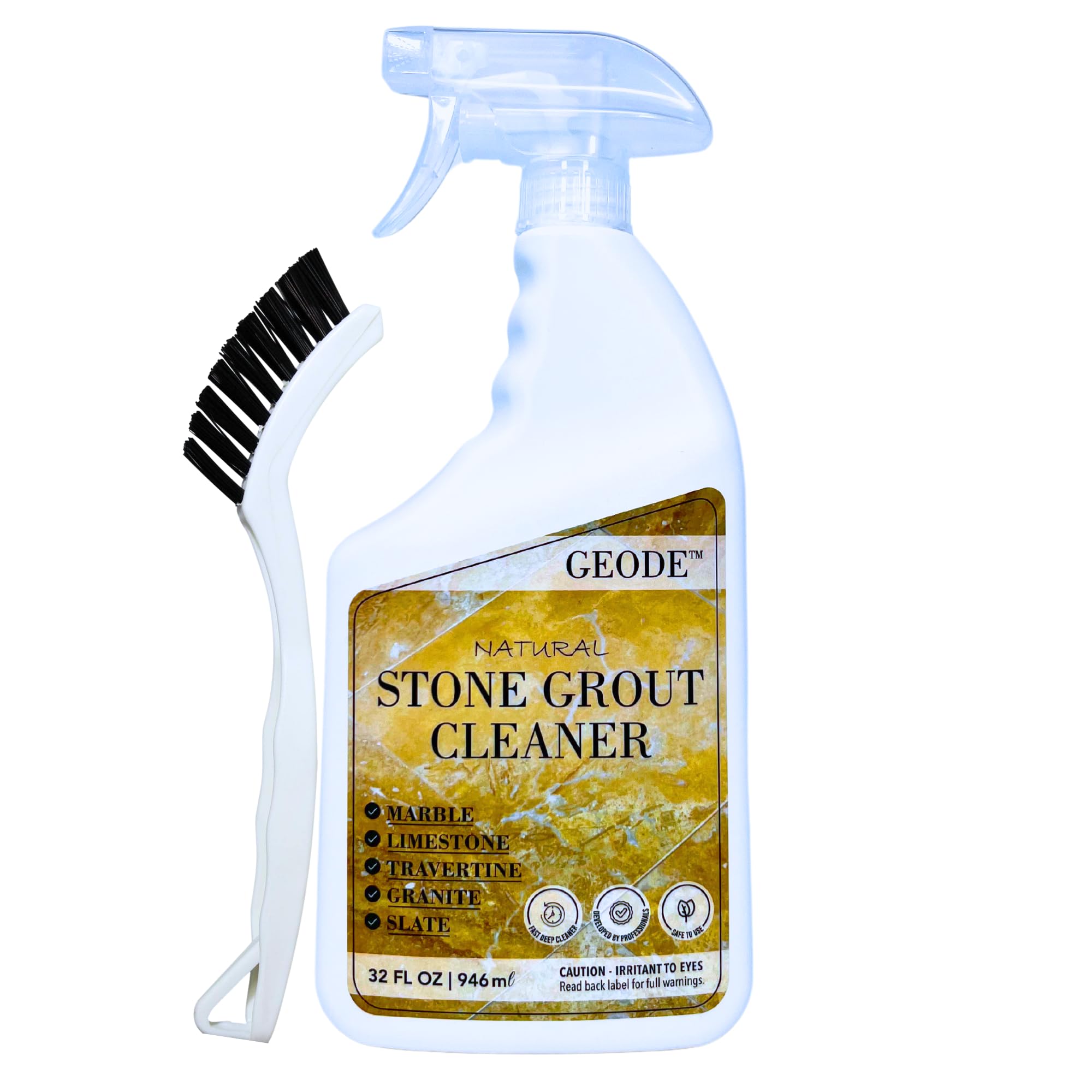 GEODE grout cleaner bottle shows a 32 oz size for deep cleaning stone tiles safely.