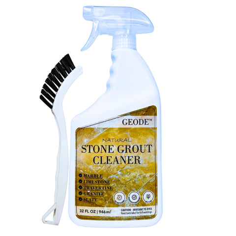 GEODE grout cleaner bottle shows a 32 oz size for deep cleaning stone tiles safely.