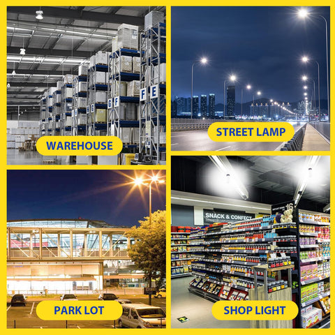 GEPLAD 400W LED corn bulb used in warehouse interior for broad visibility