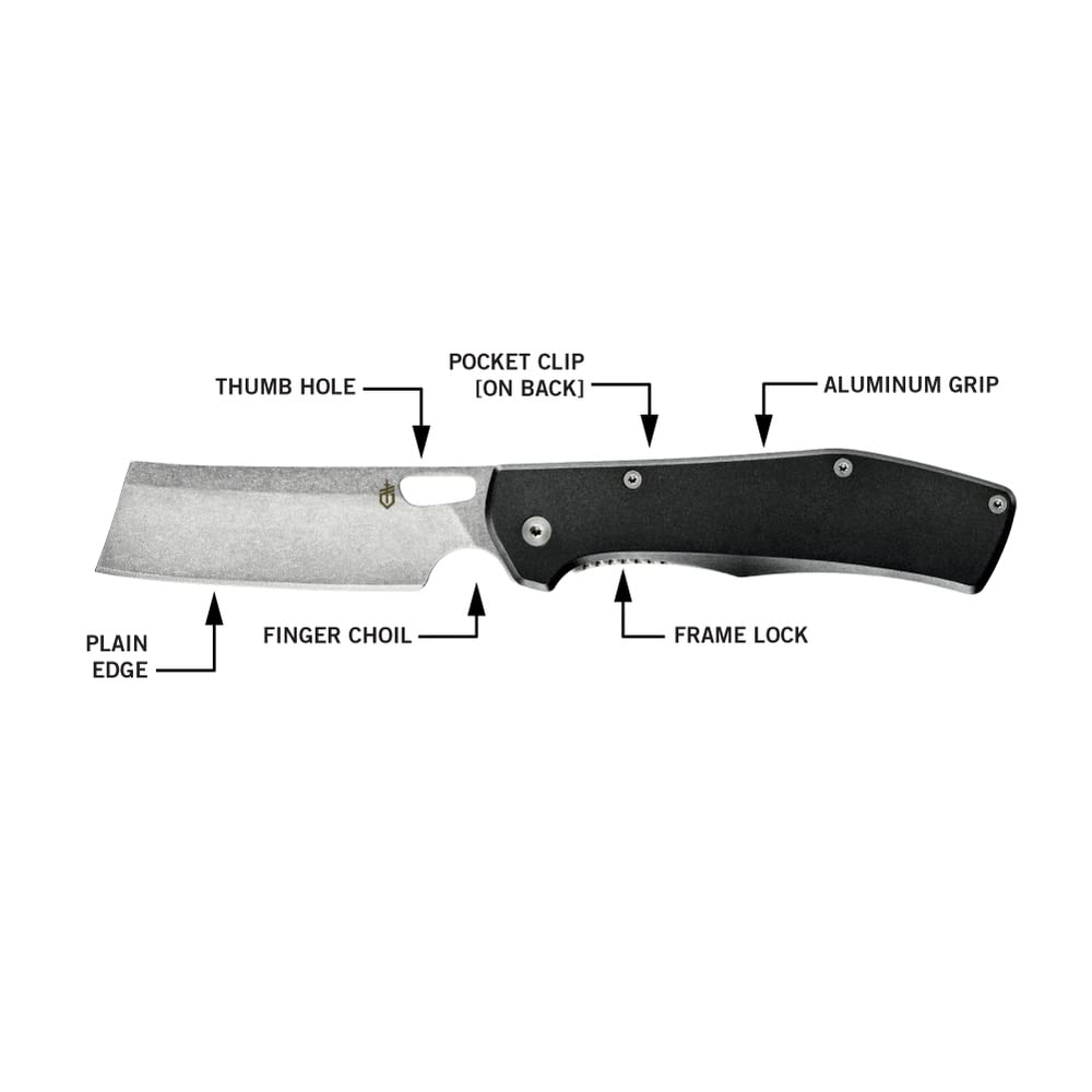 Gerber Flatiron knife open with thumbhole for quick access.