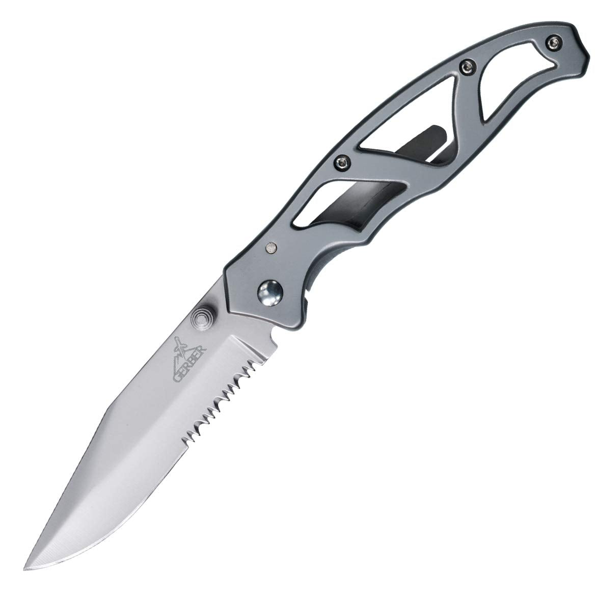 Gerber Paraframe clip-point blade close-up showing precise cuts in tight spaces.