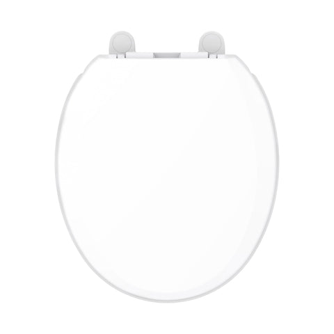 Gerber round front toilet seat with soft close reduces noise on closing, ideal for quiet bathrooms.