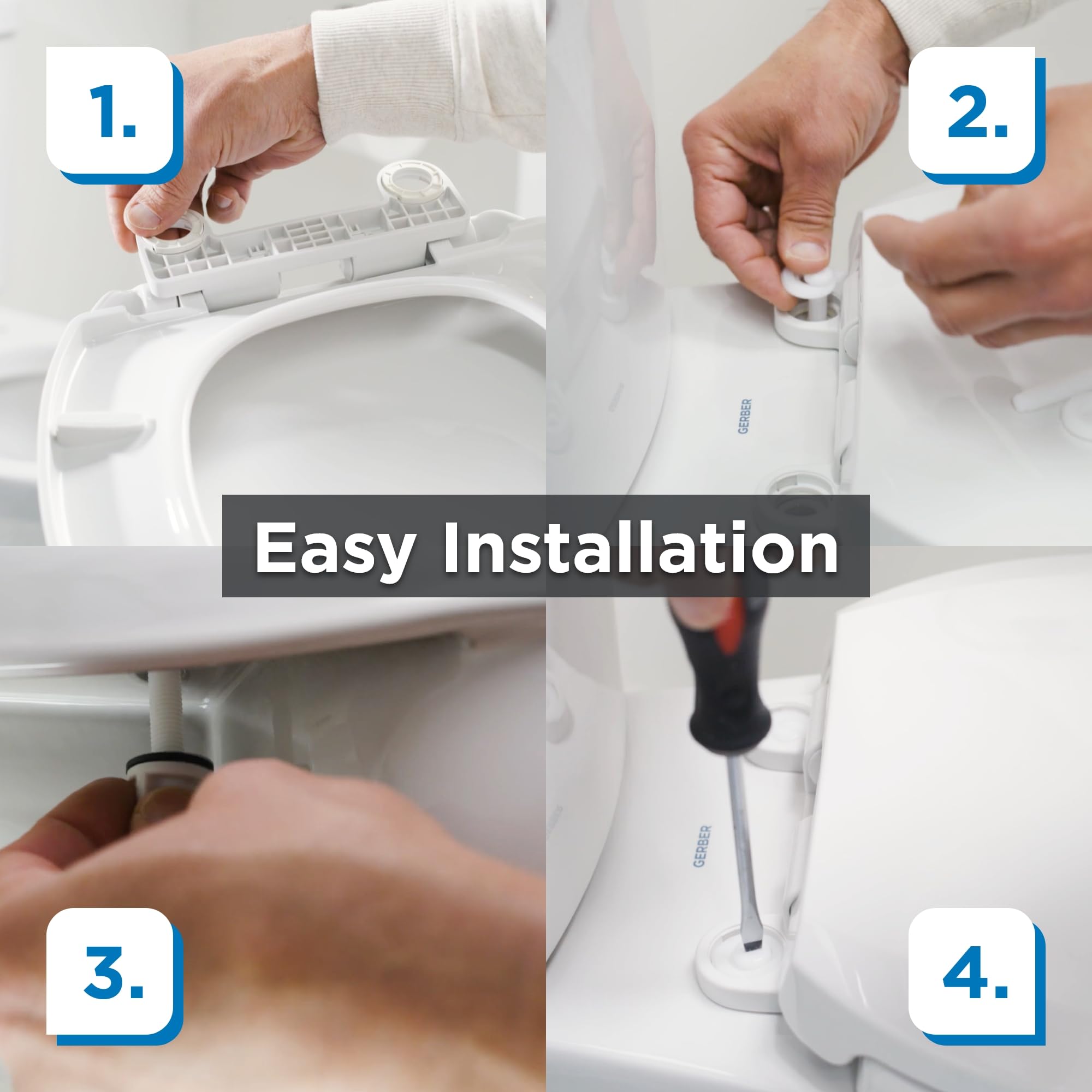 White round front toilet seat by Gerber in a clean, glossy finish.