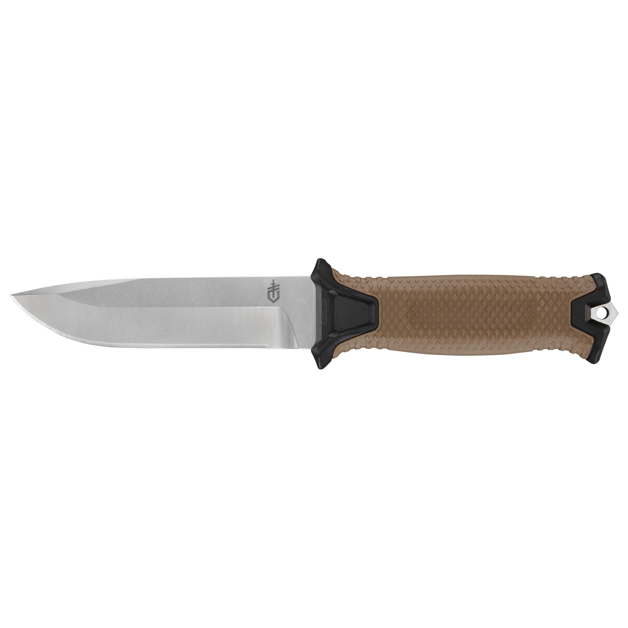 Gerber StrongArm Magnacut fixed blade close-up shows durable edge for rugged tasks.