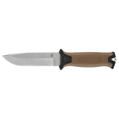 Gerber StrongArm Magnacut fixed blade close-up shows durable edge for rugged tasks.