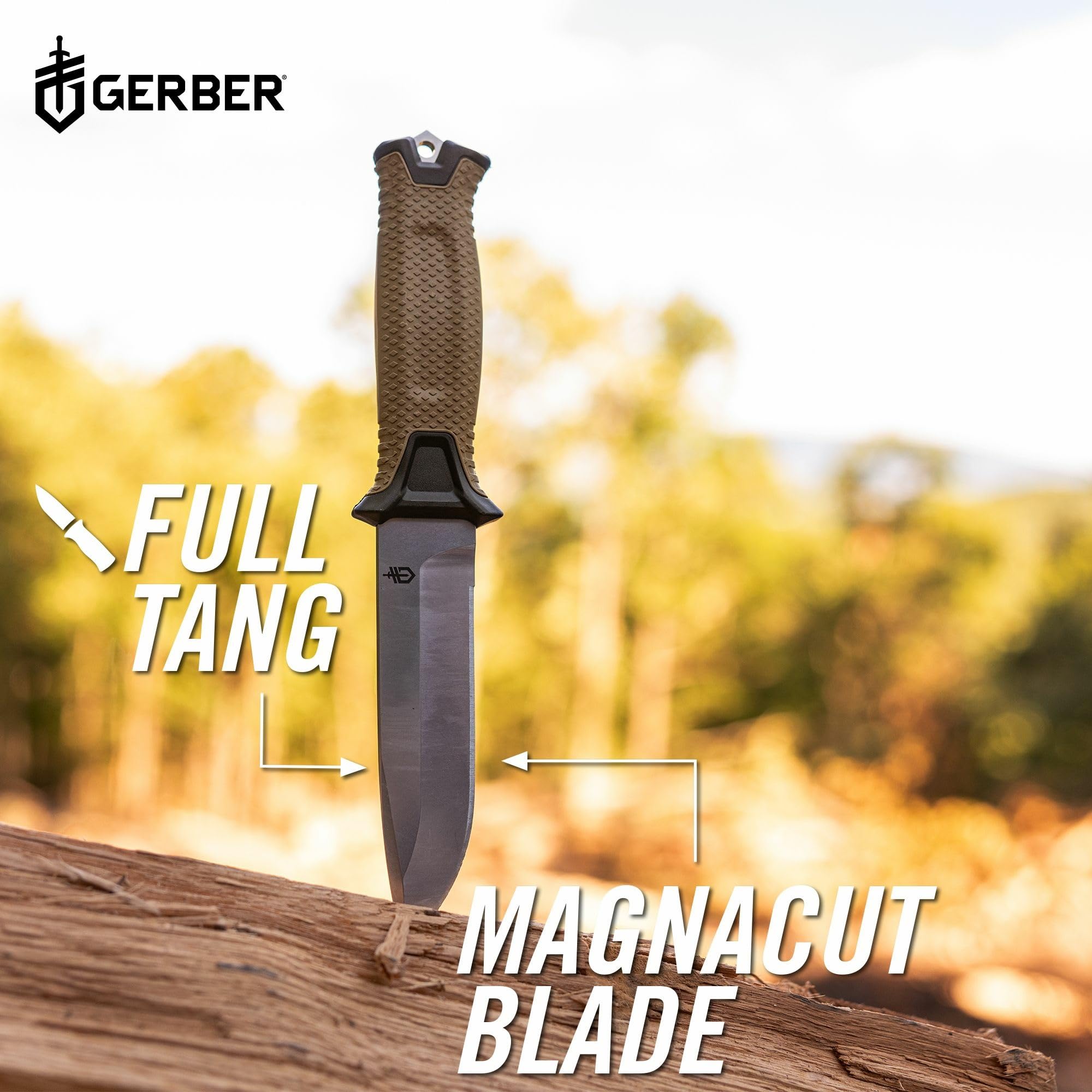 Gerber StrongArm Magnacut full tang construction highlights rugged durability for field use.