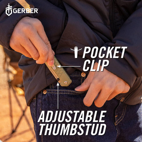 Gerber Zilch nail nick deployment, traditional blade release option.