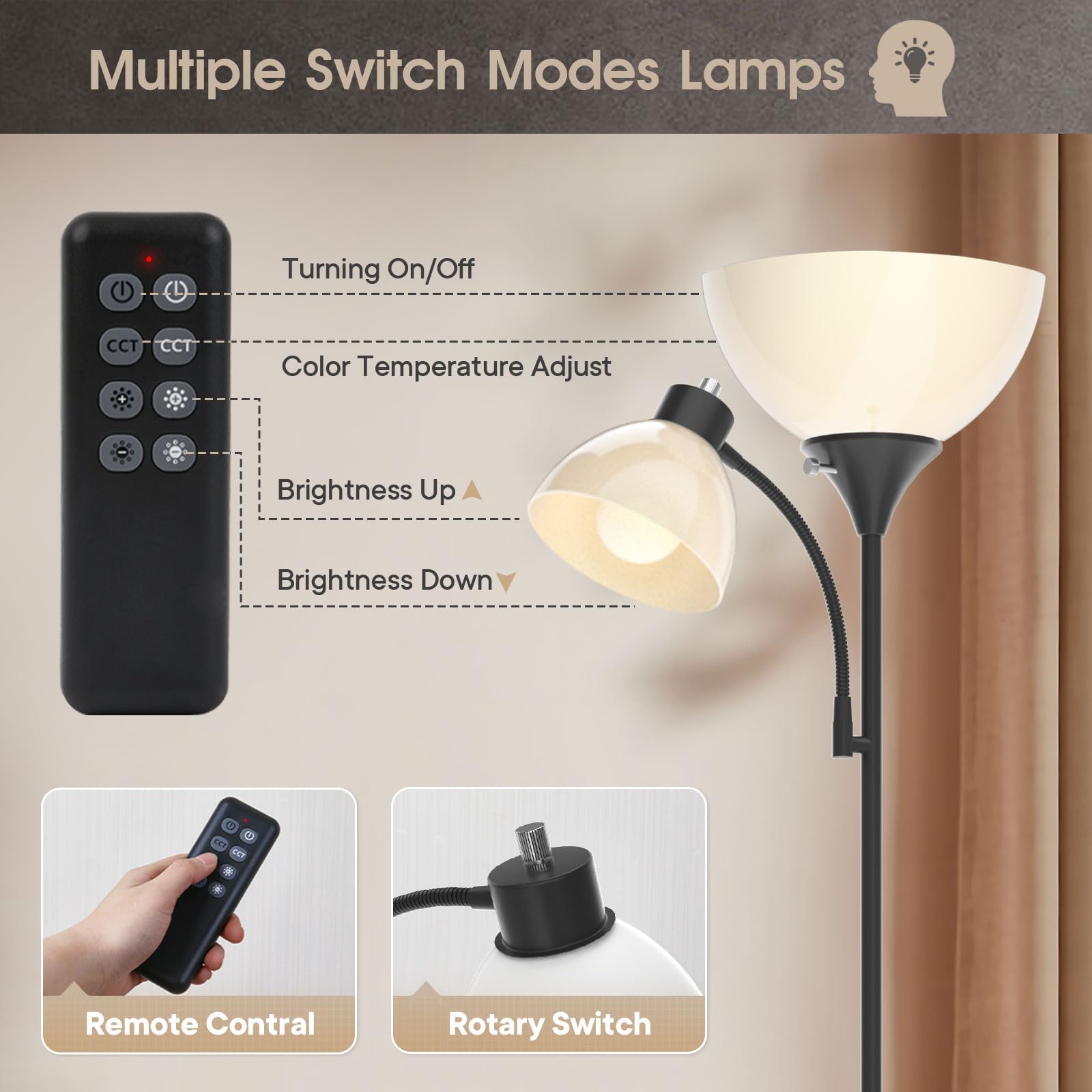 GERGO floor lamp with stepless dimming offers precise brightness for tasks.