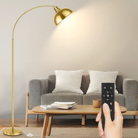 Gernehop Arc Floor Lamp with curved arm and gold shade for a modern living room look.