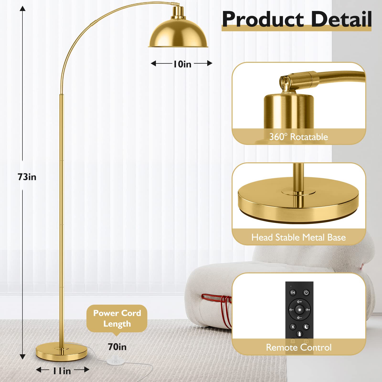 Gernehop Arc Floor Lamp showing remote control for easy adjustments from afar.