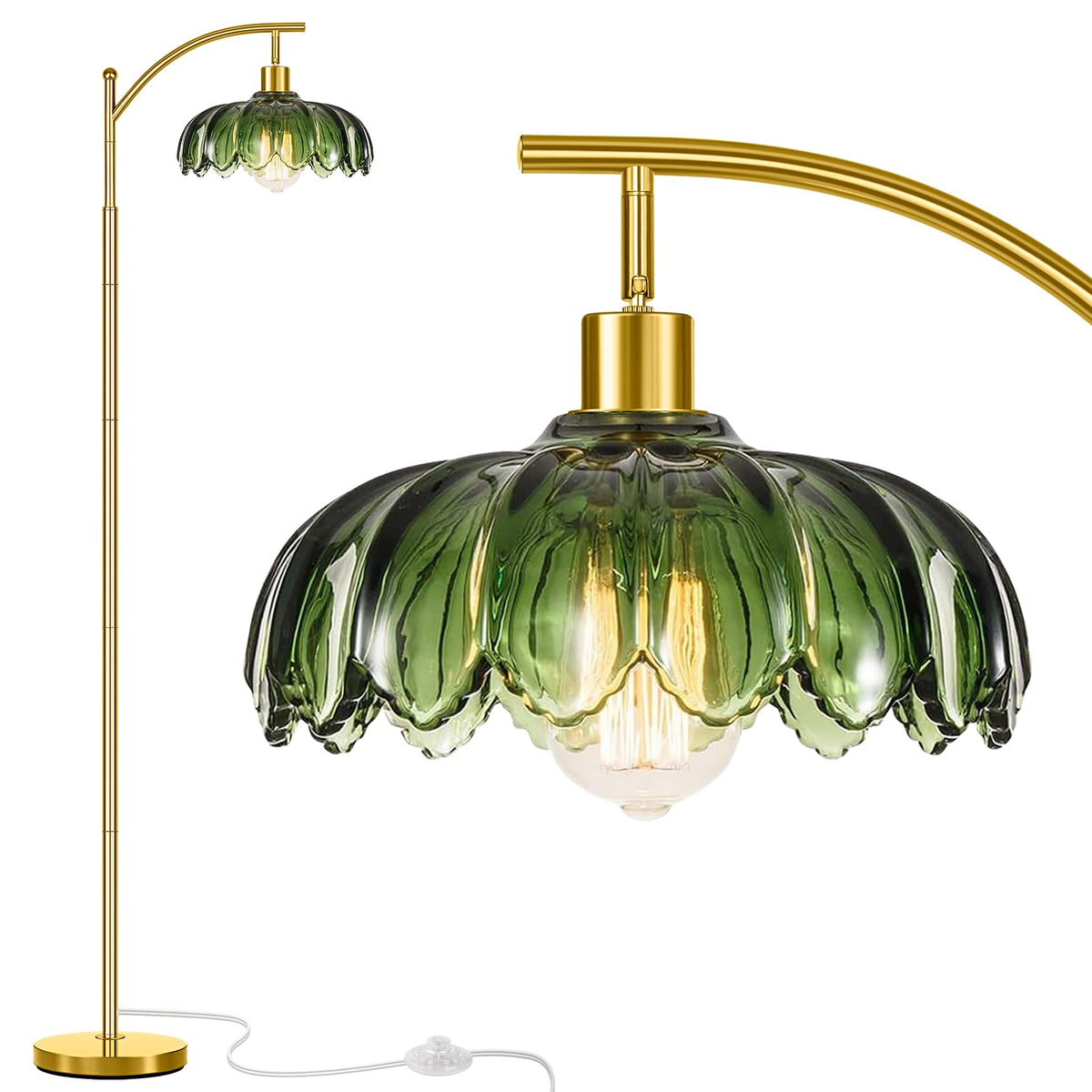 gernehop gold floor lamp arc green glass shade provides warm ambient lighting