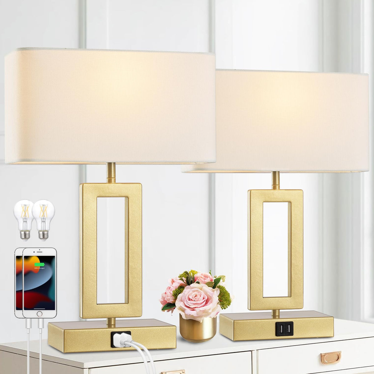 Gernehop gold table lamps pair with white shades for elegant bedside lighting.