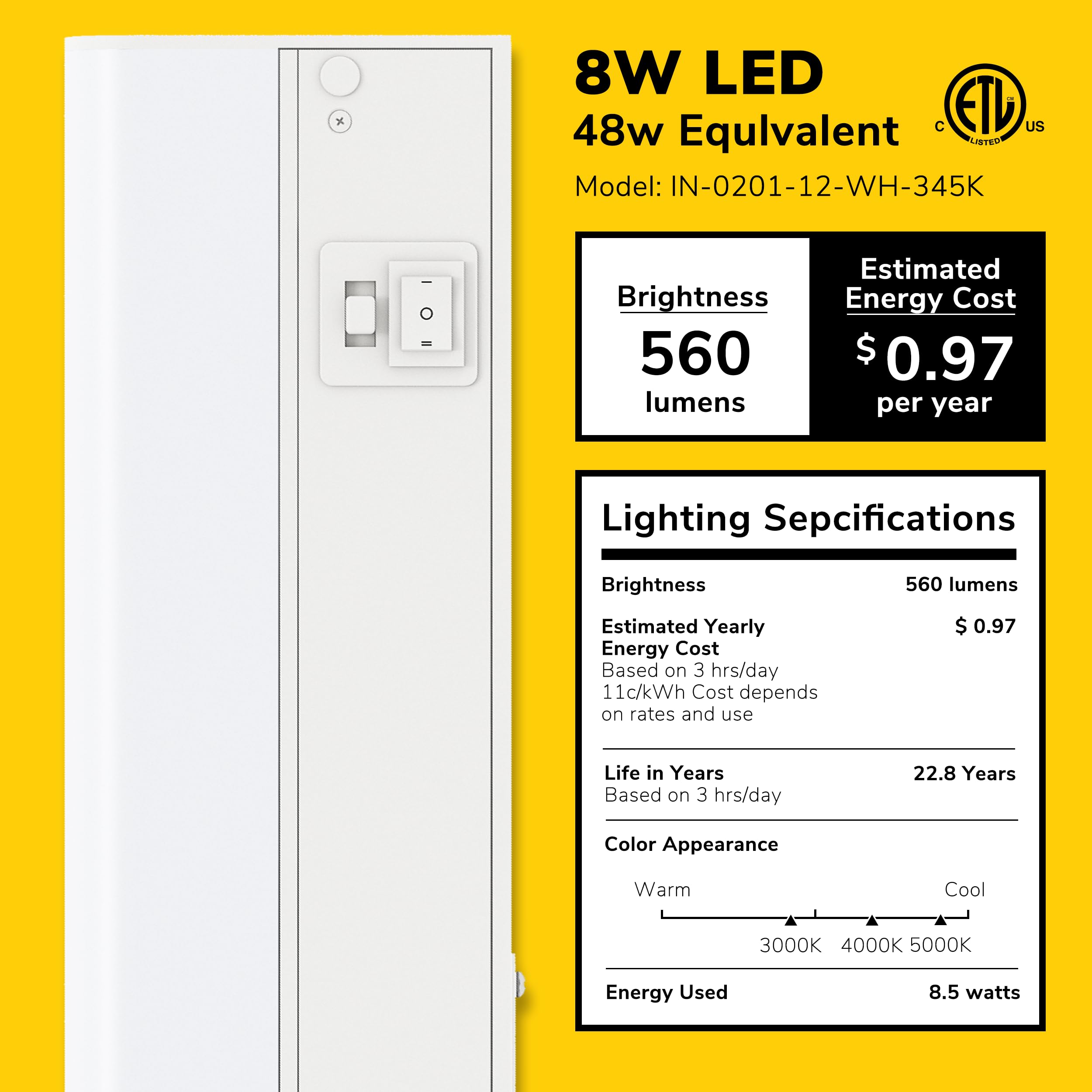 Getinlight 3000K under-cabinet light for warm prep tasks.