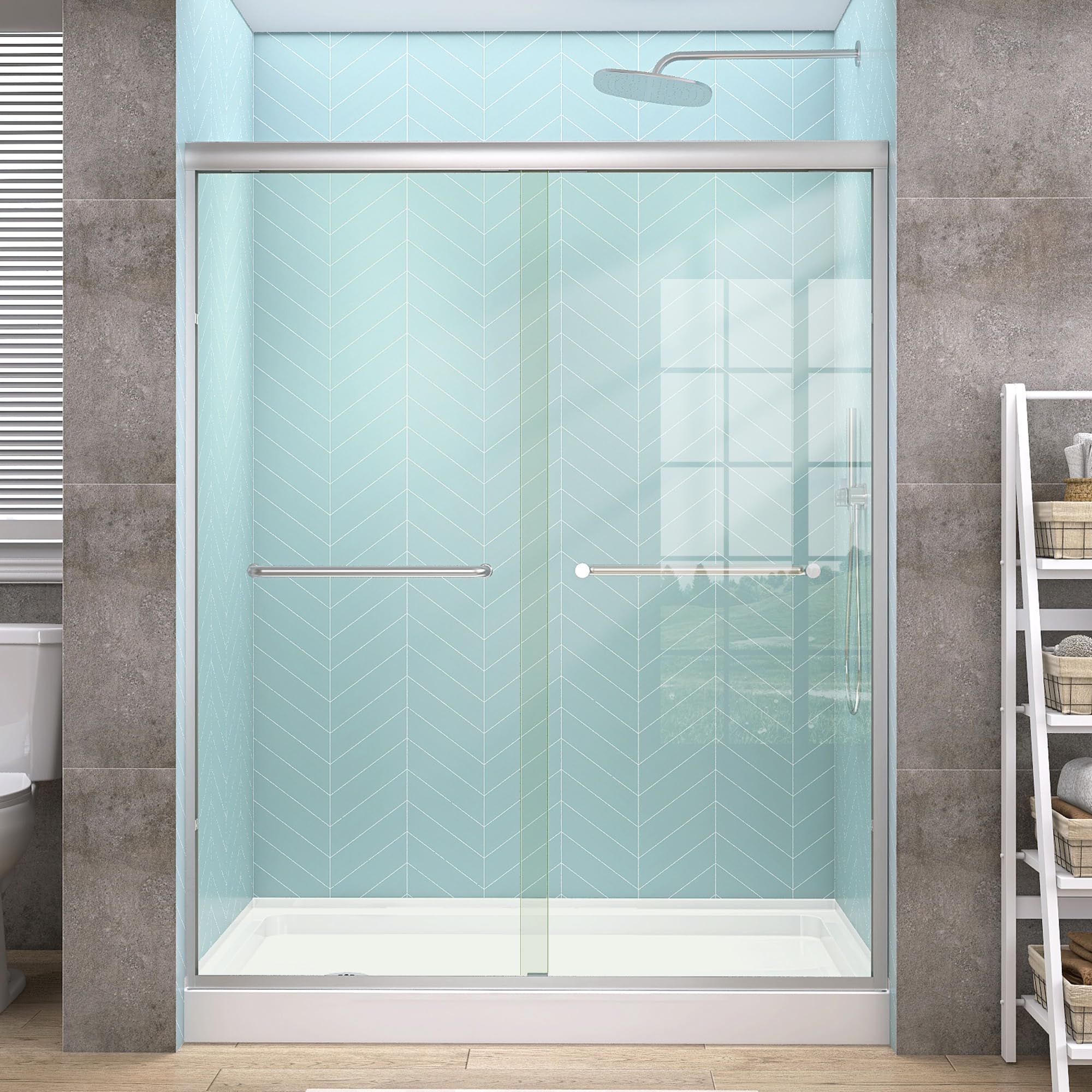 GETPRO semi-frameless shower door with brushed nickel frame; 60w-72h fit for flexible bathrooms
