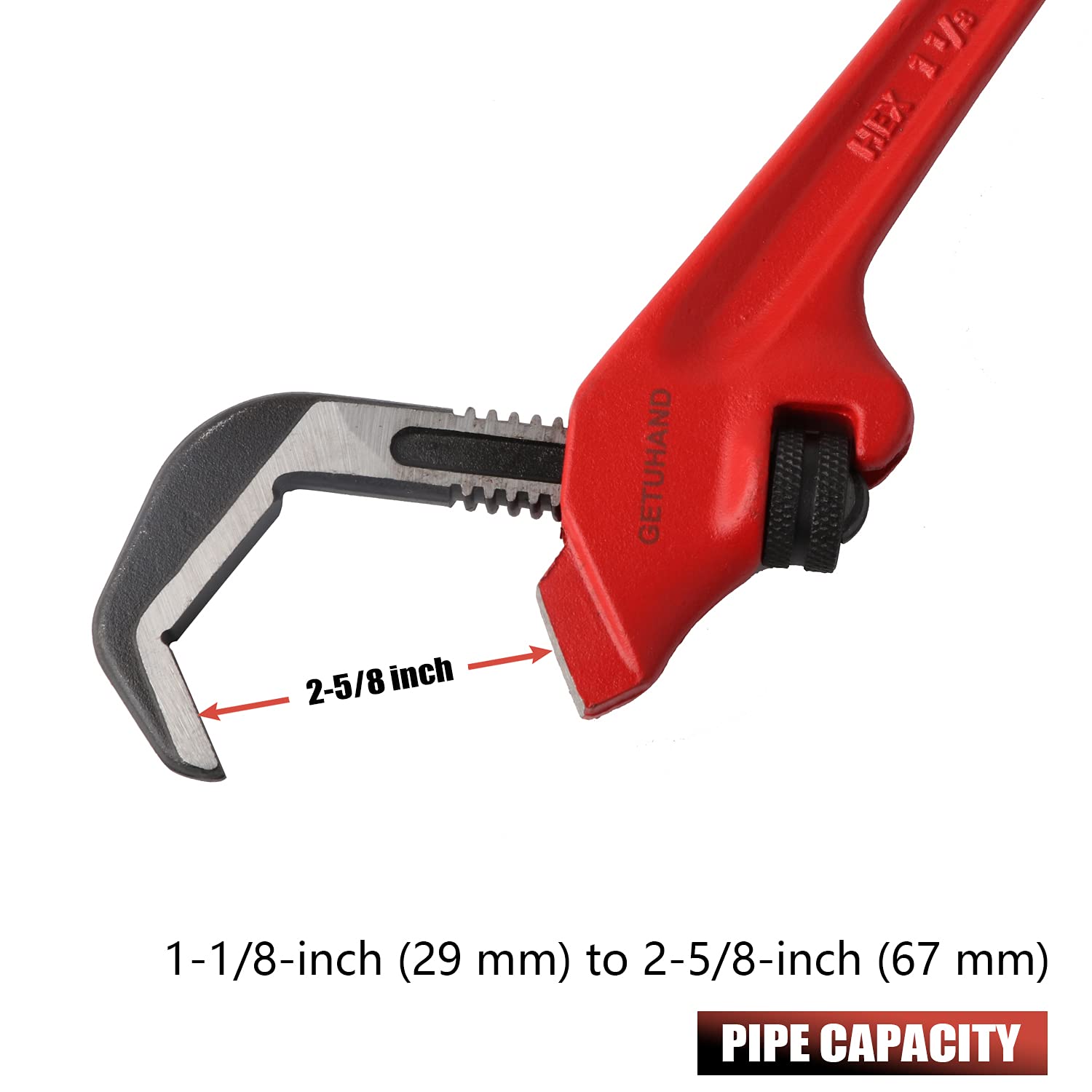 GETUHAND E-110 hex jaw close-up illustrating secure hex nut grip