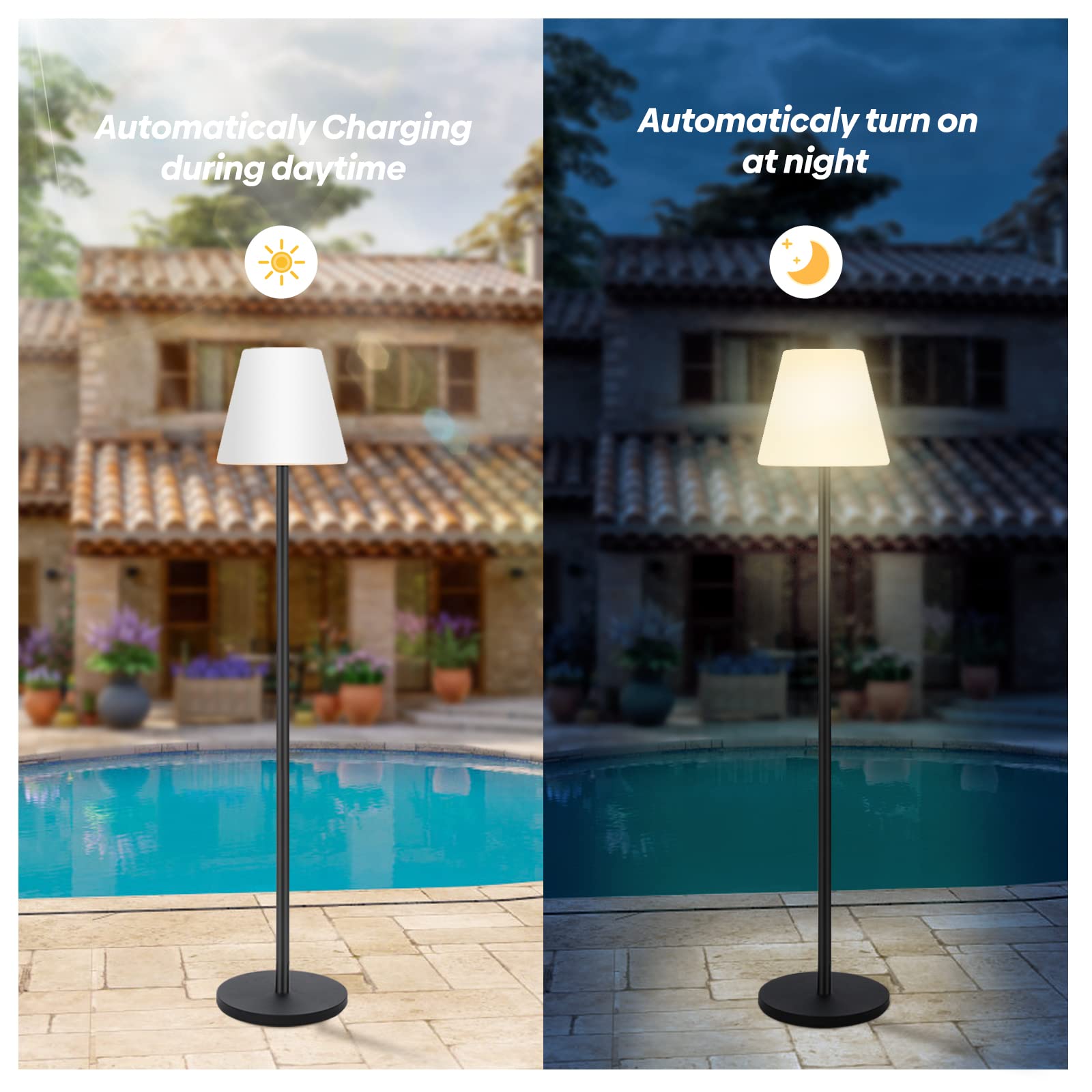 Gewiny cordless floor lamp with remote control and memory function.
