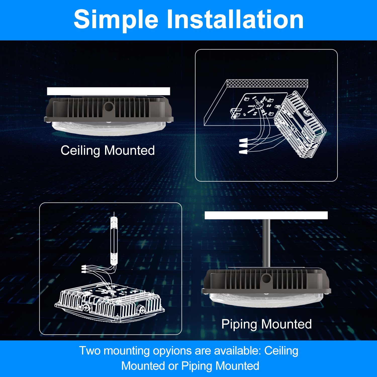 G GJIA easy-installation canopy light supports pole or ceiling mounting.