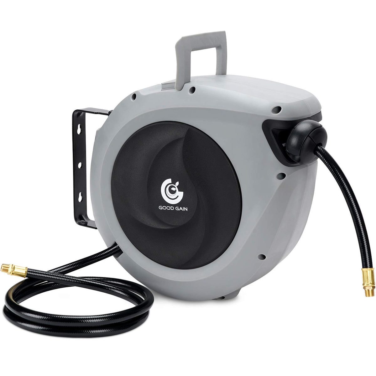 G GOOD GAIN air hose reel retractable assembly shows compact storage and easy reach.