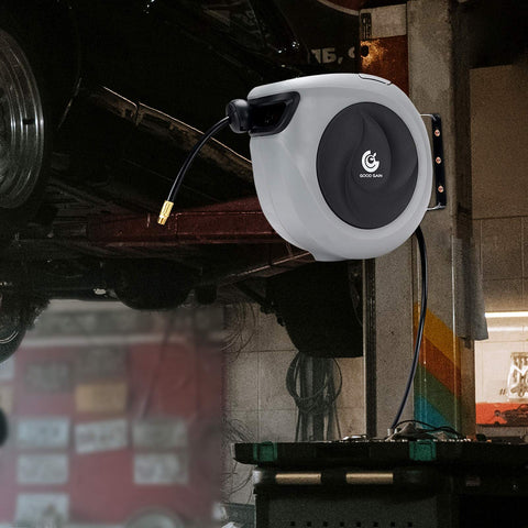 G GOOD GAIN reel enclosed mechanism keeps hoses protected and workplace neat.