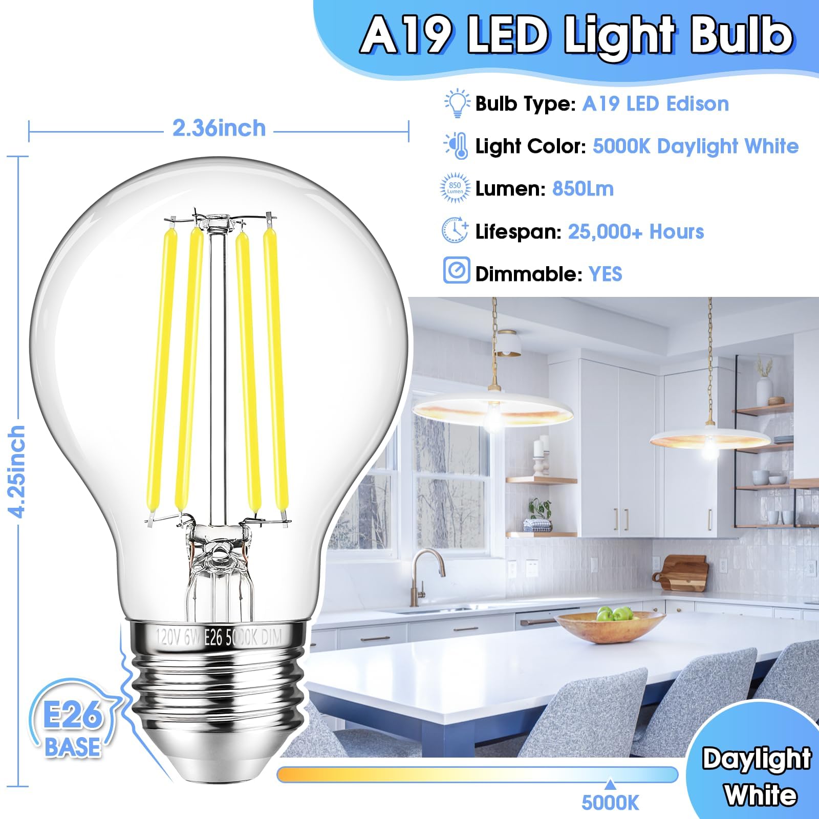 GGOYING dimmable Edison LED bulb 5000K for mood and task lighting