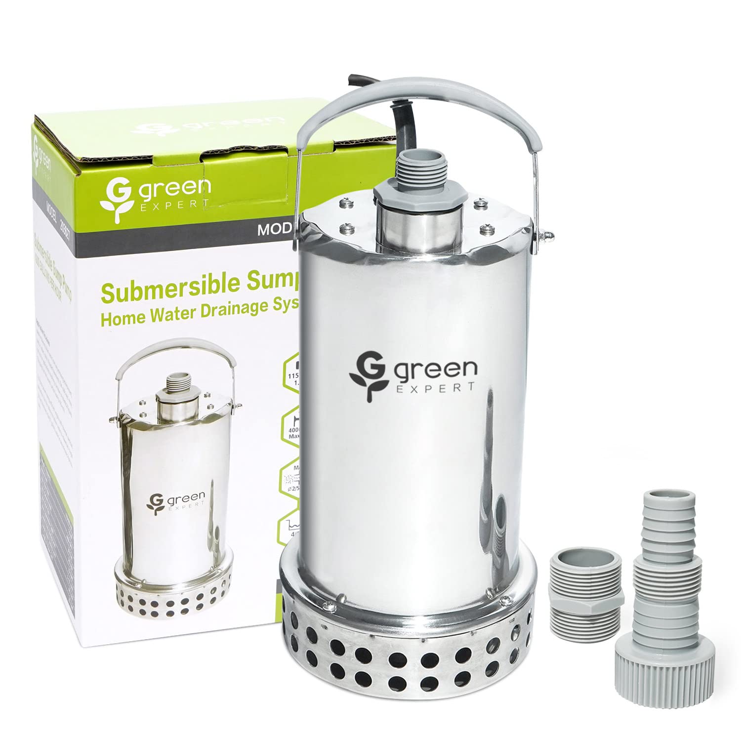 G Green EXPERT 1HP submersible pump front view for quick water drainage.
