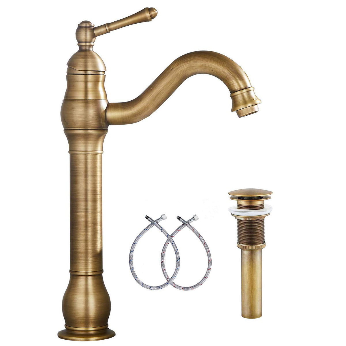 GGStudy 360° swivel antique brass faucet with versatile reach for vessel sinks.