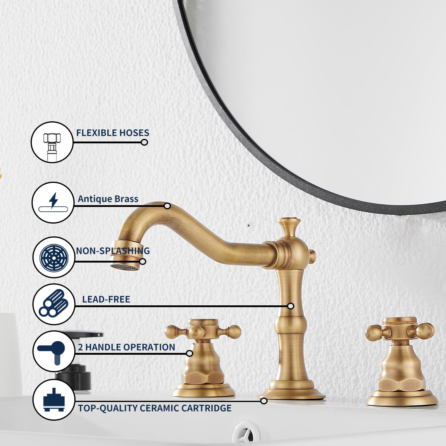 GGStudy pop-up drain with overflow matches the faucet’s antique brass finish.