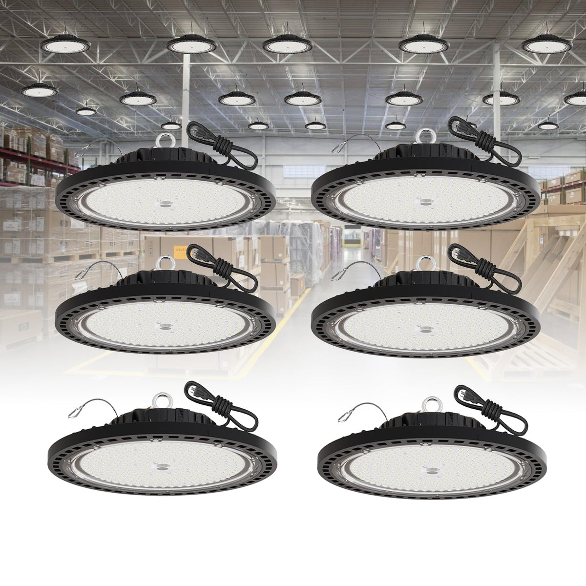 GGTH UFO LED high bay 200W shines in a workshop with clear task lighting.