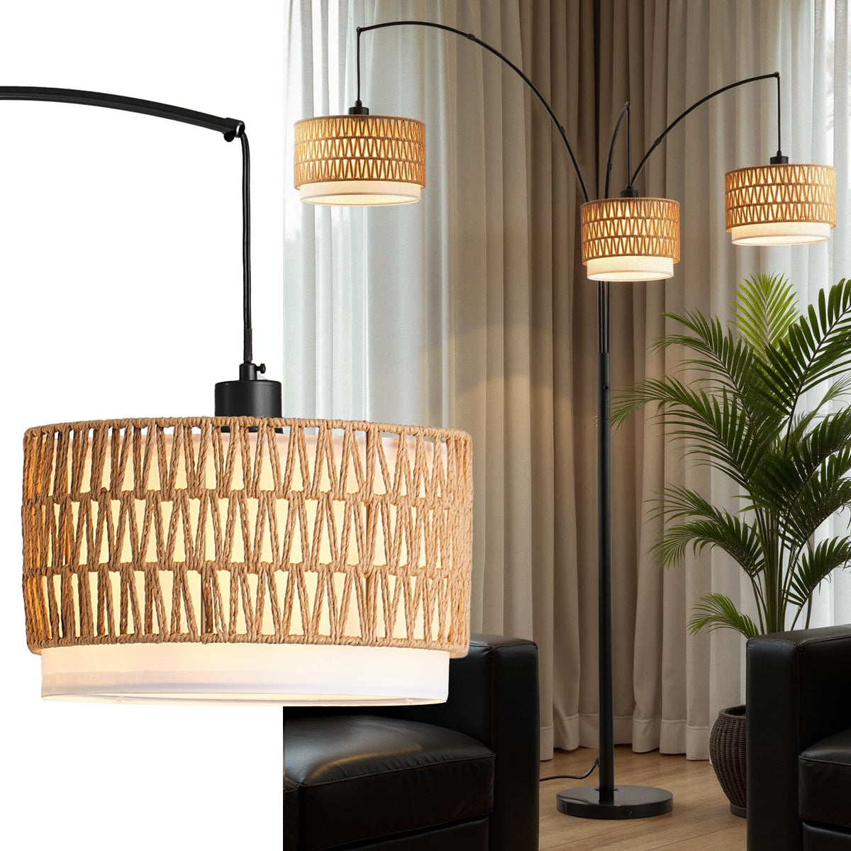 GHCKER rattan floor lamp with 80-inch arc for warm, inviting living spaces.