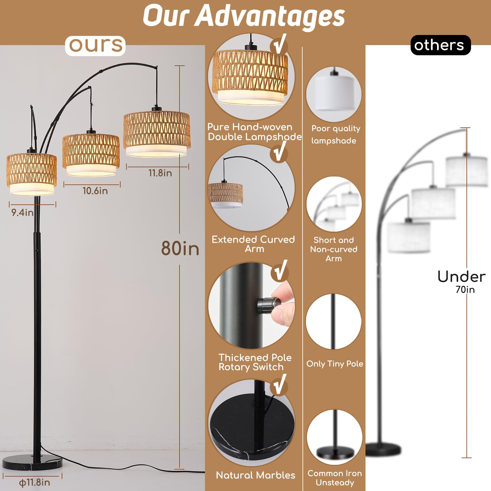GHCKER three-arm arc lamp provides versatile lighting for reading and socializing.