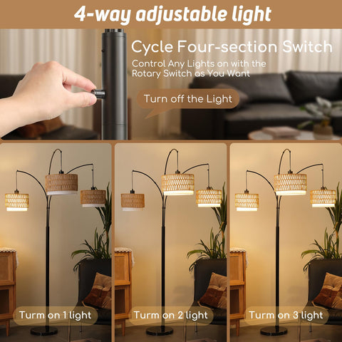 GHCKER wicker shade arc lamp adds natural texture to living room lighting.