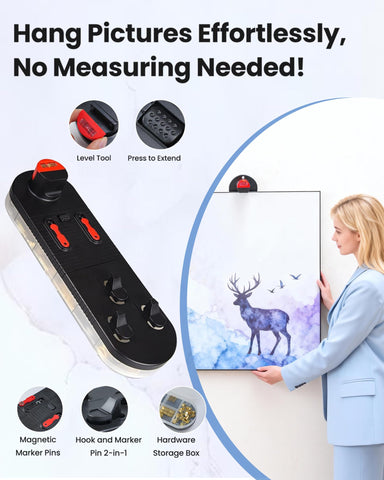 Ghgiyrf mark-hang tool helps quick pilot hole positioning.