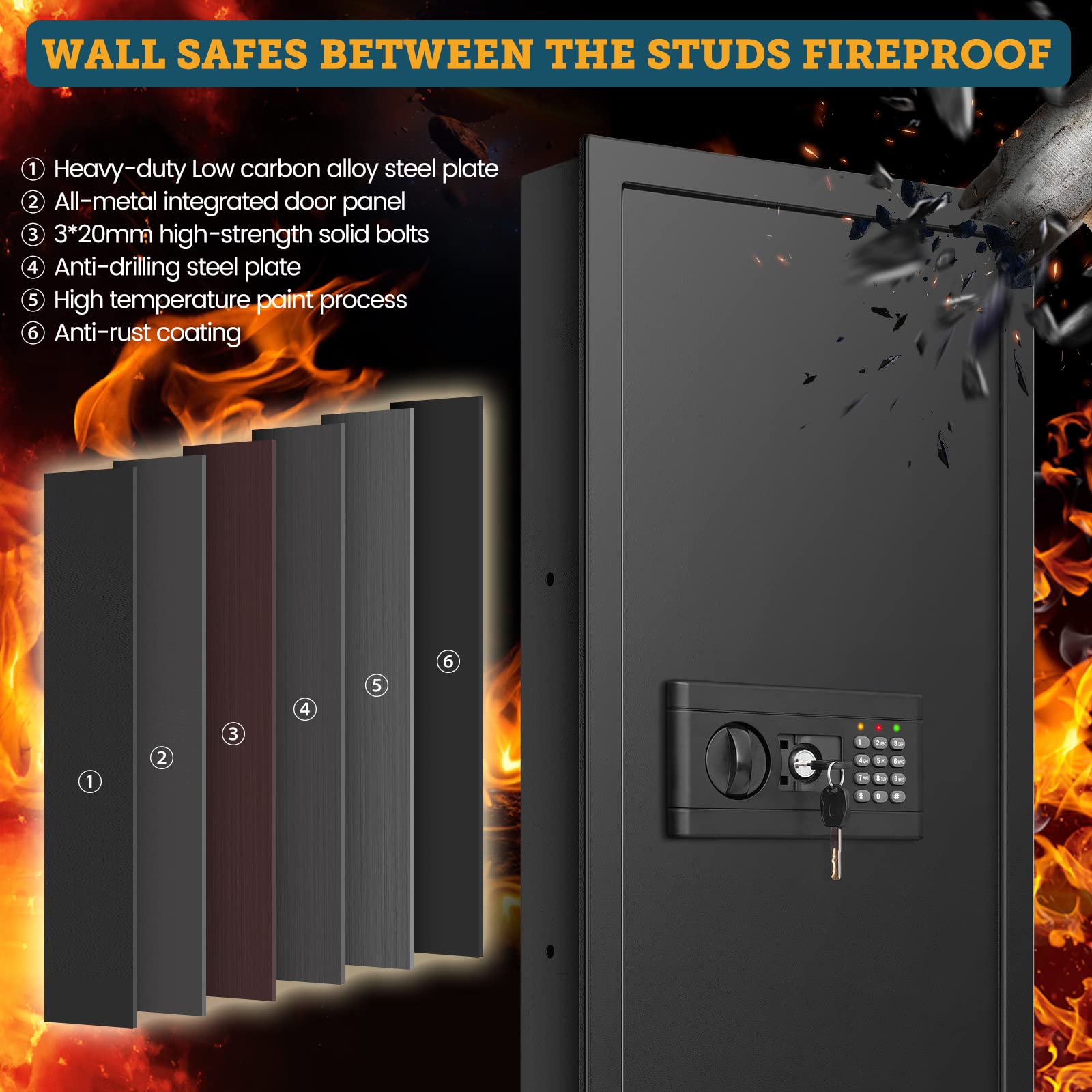 GHJGAGE fireproof wall safe interior shelves, adjustable layout for cash, jewelry, and documents.
